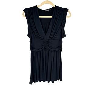 Ella Moss Women's Black Short Sleeve Blouse Pleating V-Neck Bohemian Casual L